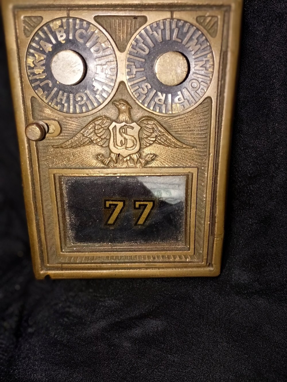 Antique Brass Mailbox Door Number 77 with Eagle Motif